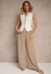 Ciemnobeżowe Szerokie Spodnie High Waist z Wiązaniem w Talii Reivaritta. Brązowe spodnie materiałowe damskie Renee, bez wzorów, z jeansu, biznesowe, z podwyższonym stanem. Za 39.99 zł.