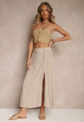 Ciemnobeżowa Rozkloszowana Spódnica z Wiskozy z Kieszeniami Galmira. Brązowe spódnice damskie Renee, na co dzień, l, bez wzorów, z materiału, eleganckie, midi, rozkloszowane. Za 54.99 zł.