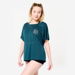 Koszulka z krótkim rękawem do tańca nowoczesnego damska Starever. Niebieskie bluzki damskie DOMYOS, xs, bez wzorów, z lyocellu, eleganckie, bez kołnierzyka, bez ramiączek. Za 64.99 zł.