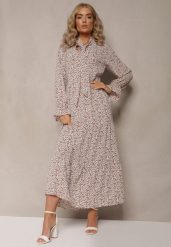 Brązowo-Biała Sukienka Pherone. Białe sukienki damskie Renee, l, z aplikacjami, z zamszu, eleganckie, bez kołnierzyka, bez ramiączek, maxi, rozkloszowane. Za 79.99 zł.