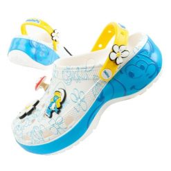 Klapki sandały chodaki damskie Crocs Smurfs na platformie Smerfy. Białe klapki damskie Crocs, bez wzorów, z materiału, bez obcasa, na platformie, bez zapięcia. Za 269.00 zł.