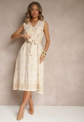 Beżowa Koszulowa Sukienka z Wiskozy Ozdobiona Paskiem i Haftami Aralova. Brązowe sukienki damskie Renee, na co dzień, l, bez wzorów, z wiskozy, eleganckie, bez kołnierzyka, bez ramiączek, midi, koszulowe. Za 119.99 zł.