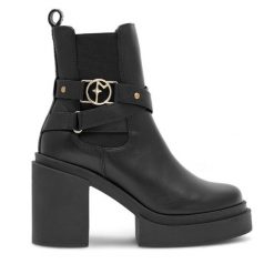 Botki Eva Minge. Czarne botki damskie Eva Minge, bez wzorów, bez obcasa, na słupku, bez zapięcia. Za 399.99 zł.