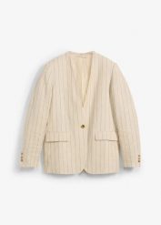 Żakiet bez kołnierzyka, z czystego lnu. Brązowe marynarki i żakiety damskie bonprix, bez wzorów, eleganckie, bez kołnierzyka, bez ramiączek. Za 129.99 zł.
