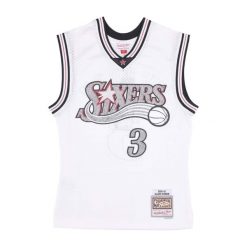 Koszulka Philadelphia 76ers Swingman 2000/01. Białe bluzki damskie Mitchell & Ness, bez wzorów, sportowe, bez kołnierzyka, bez ramiączek. Za 577.00 zł.