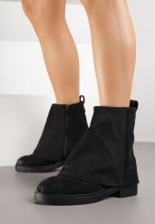 Czarne Botki z Imitacji Zamszu z Wywiniętą Cholewką Rilesea. Czarne botki damskie Born2be, na jesień, bez wzorów, z dzianiny, eleganckie, bez obcasa, na płaskiej podeszwie, bez zapięcia. Za 119.99 zł.