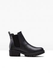 Sztyblety. Czarne botki damskie bonprix, bez wzorów, bez obcasa, bez zapięcia. Za 147.99 zł.