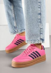 Różowo-Granatowe Sneakersy Tenisówki Ozdobione Paskami Naire. Czerwone trampki i tenisówki damskie Born2be, bez wzorów, z jeansu, bez zapięcia. Za 109.99 zł.