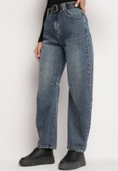 Niebieskie Jeansy z Bawełny o Kroju Boyfriend z Wysokim Stanem i Paskiem Itteria. Niebieskie jeansy damskie Born2be, bez wzorów, z bawełny, eleganckie, z podwyższonym stanem. Za 129.99 zł.