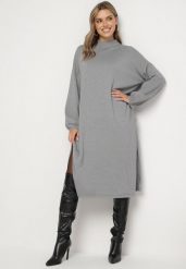Szara Pudełkowa Sukienka z Wiskozą Ozdobiona Metaliczną Nicią Arfalea. Szare sukienki damskie Born2be, na co dzień, bez wzorów, z jeansu, eleganckie, bez kołnierzyka, bez ramiączek, midi, proste. Za 119.99 zł.