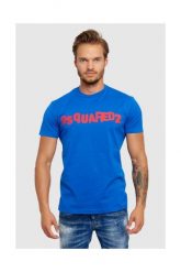 DSQUARED2 Niebieski t-shirt męski z czerwonym logo. Niebieskie t-shirty męskie Dsquared2, m, bez wzorów, prążkowane, bez kołnierzyka, bez ramiączek. W wyprzedaży za 399.99 zł.