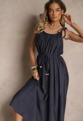 Granatowa Wiskozowa Sukienka Boho na Wiązanych Ramiączkach z Paskiem z Plecionki Miratera. Niebieskie sukienki damskie Renee, na co dzień, m, bez wzorów, z materiału, boho, bez kołnierzyka, bez ramiączek, maxi. Za 99.99 zł.