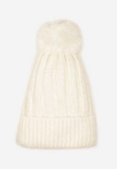 Jasnobeżowa Czapka z Prążkowanego Materiału z Pomponem Vamieska. Brązowe czapki damskie Born2be, na zimę, bez wzorów, prążkowane, eleganckie. Za 29.99 zł.