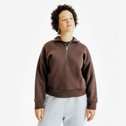 Bluza ze stójką na suwak damska Elementals. Brązowe bluzy damskie Decathlon, xs, bez wzorów, z bawełny, bez ramiączek, bez kaptura. Za 179.99 zł.