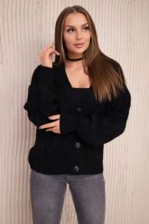 Sweter zapinany na guziki z ozdobnym splotem czarny. Czarne swetry nierozpinane damskie KESI, l, bez wzorów, z wełny, eleganckie, bez kołnierzyka, plus size, bez ramiączek. Za 158.92 zł.