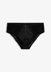Figi maxi z delikatną koronką. Czarne majtki damskie bonprix, z koronki. Za 34.99 zł.