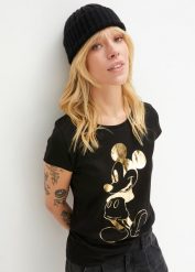 Bluza z nadrukiem Myszki Miki. Czarne bluzy damskie bonprix, bez wzorów, bez ramiączek, bez kaptura. Za 79.99 zł.