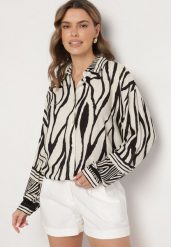 Beżowo-Czarna Wiskozowa Koszula z Lnem i Geometrycznym Wzorem Sepineva. Brązowe koszule damskie Born2be, bez wzorów, z jeansu, eleganckie, bez kołnierzyka, bez ramiączek. Za 79.99 zł.