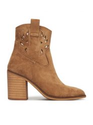 DeeZee Botki 220565-1 Brązowy. Brązowe botki damskie DeeZee, bez wzorów, z materiału, bez obcasa, na słupku, bez zapięcia. Za 169.99 zł.