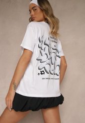 Biało-Niebieski T-shirt z Bawełny Ozdobiony Nadrukiem Adneria. Białe t-shirty damskie Renee, l, bez wzorów, z bawełny, bez kołnierzyka, bez ramiączek. Za 44.99 zł.