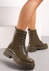 Zielone Botki Workery z Lakierowaną Cholewką Nouria. Zielone botki damskie Renee, bez wzorów, z jeansu, eleganckie, bez obcasa, na obcasie, bez zapięcia. Za 99.99 zł.