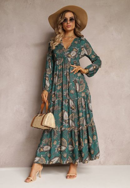 Zielona Sukienka Demestra. Zielone sukienki damskie Renee, na lato, l, bez wzorów, boho, bez kołnierzyka, bez ramiączek, maxi, kopertowe. Za 79.99 zł.