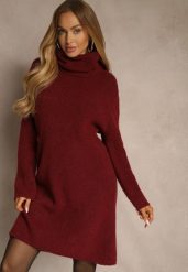 Bordowa Sweterkowa Sukienka Golf z Wełną i Wiskozą Fedorina. Czerwone sukienki damskie Renee, na co dzień, bez wzorów, z wełny, bez kołnierzyka, bez ramiączek, midi, oversize. Za 179.99 zł.