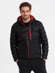 Kurtka męska pikowana z kapturem - czarna V3 OM-JALP-0120 - L. Czarne kurtki sportowe męskie Ombre Clothing, l, bez wzorów, z kapturem. W wyprzedaży za 79.99 zł.