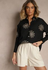 Czarna Koszula z Lnu i Bawełny z Ozdobnym Haftem Valkio. Czarne koszule damskie Renee, l, bez wzorów, z bawełny, eleganckie, bez kołnierzyka, bez ramiączek. Za 69.99 zł.