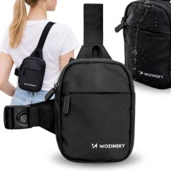 Mini saszetka na ramię Wozinsky wodoodporna dwukomorowa na zamek czarna. Czarne saszetki i nerki męskie Wozinsky, na ramię. Za 49.99 zł.