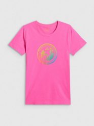 4F T-shirt regular z nadrukiem damski - różowy M. Czerwone t-shirty damskie 4F, m, bez wzorów, z bawełny, klasyczne, bez kołnierzyka, bez ramiączek. Za 59.99 zł.