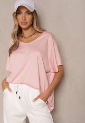 Jasnoróżowy T-shirt z Wiskozą w Stylu Nietoperza Liofala. Czerwone t-shirty damskie Renee, bez wzorów, z jeansu, eleganckie, bez kołnierzyka, bez ramiączek. Za 54.99 zł.