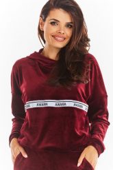 Welurowa Bluza Kangurka Logowaną Taśmą - Bordowa. Czerwone bluzy damskie Awama, l, bez wzorów, z materiału, bez ramiączek, bez kaptura. Za 201.90 zł.