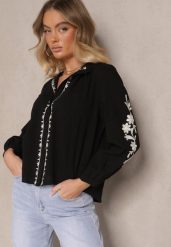 Czarna Koszula z Bawełny z Okrągłym Dekoltem i Haftowanym Zdobieniem Gonadiel. Czarne koszule damskie Renee, l, z aplikacjami, z bawełny, eleganckie, bez kołnierzyka, bez ramiączek. Za 79.99 zł.