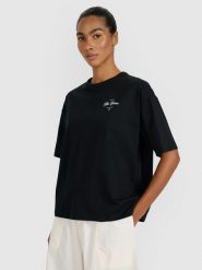 4F T-shirt oversize z nadrukiem damski - czarny M. Czarne koszulki sportowe damskie 4F, m, bez wzorów, z bawełny, bez ramiączek. W wyprzedaży za 39.99 zł.