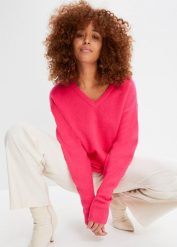 Sweter dzianinowy oversize. Żółte swetry nierozpinane damskie bonprix, bez wzorów, z dzianiny, bez kołnierzyka, bez ramiączek. Za 97.99 zł.