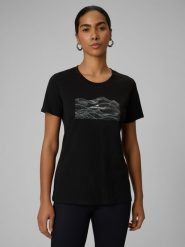 4F T-shirt regular z nadrukiem damski - czarny L. Czarne t-shirty damskie 4F, l, bez wzorów, z bawełny, bez kołnierzyka, bez ramiączek. Za 49.99 zł.