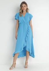 Niebieska Sukienka Mailcon. Niebieskie sukienki damskie Born2be, na imprezę, na lato, bez wzorów, eleganckie, bez kołnierzyka, bez ramiączek, maxi, kopertowe. Za 79.99 zł.