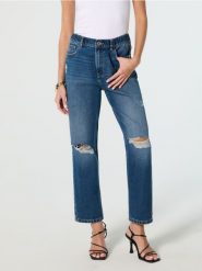 Jeansy mom fit z przetarciami - granatowy. Niebieskie jeansy damskie Sinsay, bez wzorów, z jeansu. W wyprzedaży za 32.99 zł.