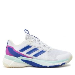 Buty halowe adidas. Białe obuwie sportowe damskie Adidas, bez wzorów, bez zapięcia. Za 449.99 zł.