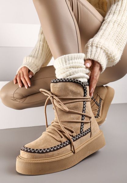 Ciemnobeżowe Śniegowce na Grubej Podeszwie Ozdobione Sznurowaniem Melindria. Brązowe śniegowce damskie Born2be, z jeansu, bez zapięcia. Za 79.99 zł.