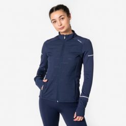 Bluza do biegania damska Kiprun Run Flow Warm ocieplana. Niebieskie bluzy damskie KIPRUN, na zimę, l, bez wzorów, z materiału, klasyczne, bez ramiączek, bez kaptura. Za 199.99 zł.