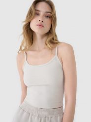 4F Crop-top slim damski - beżowy XL. Brązowe topy damskie 4F, xl, bez wzorów, z dzianiny, sportowe, bez kołnierzyka, bez ramiączek. Za 29.99 zł.