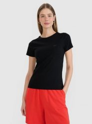 4F T-shirt slim gładki damski - czarny XL. Czarne t-shirty damskie 4F, xl, bez wzorów, z bawełny, klasyczne, bez kołnierzyka, bez ramiączek. Za 39.99 zł.