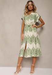 Zielono-Beżowa Sukienka Boho na Guziki z Wiskozą Ozdobiona Paskiem Mosofia. Zielone sukienki damskie Renee, na co dzień, na lato, l, bez wzorów, z tkaniny, boho, bez kołnierzyka, bez ramiączek, midi, proste. Za 89.99 zł.