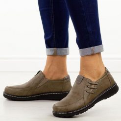 Khaki półbuty damskie Potocki 90353. Brązowe półbuty damskie POTOCKI, na jesień, bez wzorów, z jeansu, biznesowe, z okrągłym noskiem, bez obcasa, na płaskiej podeszwie, bez zapięcia. Za 139.00 zł.