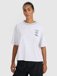 4F T-shirt oversize z nadrukiem damski - szary S. Szare koszulki sportowe damskie 4F, s, bez wzorów, z bawełny, bez ramiączek. W wyprzedaży za 49.99 zł.