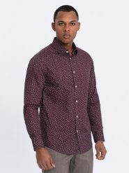Koszula męska bawełniana we wzory SLIM FIT - bordowa V5 OM-SHCS-0151 - XL. Czerwone koszule męskie Ombre Clothing, l, bez wzorów, z bawełny, klasyczne, bez kołnierzyka, bez ramiączek. W wyprzedaży za 79.99 zł.