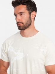 Męski bawełniany t-shirt z abstrakcyjnym printem – kremowy V7 - Rozmiar: M. Białe t-shirty męskie Ombre Clothing, l, z aplikacjami, z bawełny, bez kołnierzyka, bez ramiączek. W wyprzedaży za 29.99 zł.