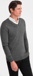 Ombre Sweter męski z dekoltem "w serek" z koszulowym kołnierzykiem - grafitowy V3 OM-SWSW-0102 M. Szare swetry męskie Ombre, m, bez wzorów, bez kołnierzyka, bez ramiączek. Za 129.99 zł.